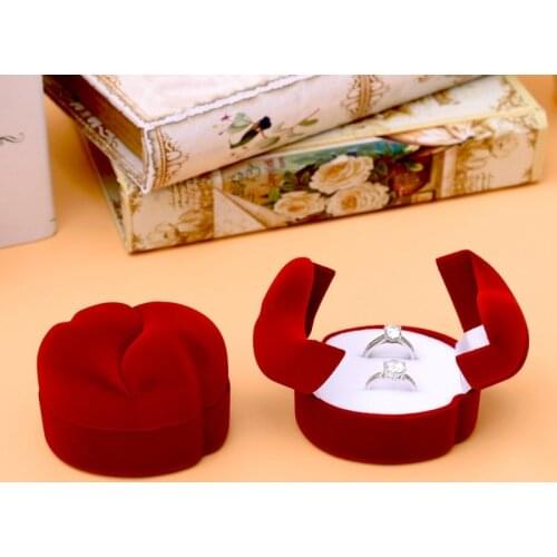 Wedding Rings Gift Box Red Velvet Double Heart Shaped Carrying Foldable Jewelry Case Packaging Display Free Shipping
