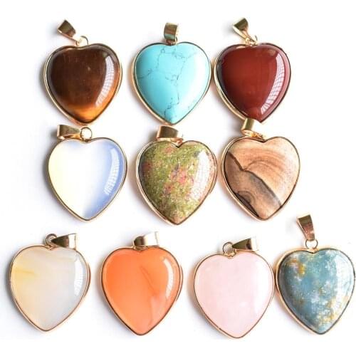 Wholesale 10pcs/lot 2020 New good quality natural stone mixed gold side heart pendants 25mm for jewelry making free shipping