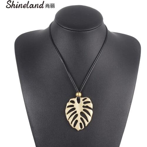 Shineland New Fashion Double PU Leather Necklaces & Pendants For Women Leaf Alloy Neck Chokers Trendy Jewelry Accessories Gift