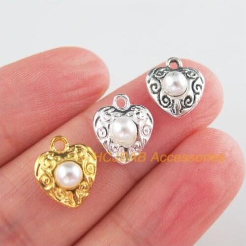 25Pcs Tibetan Silver Tone & Gold Color Retro Flower Heart White Acrylic Charms Pendants 10x11.5mm