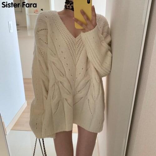Sister Fara New Autumn Womans V-Neck Pullover Sweater Coat Loose Straight Solid Sweater Winter Ladies Long Sleeve Knit Sweater
