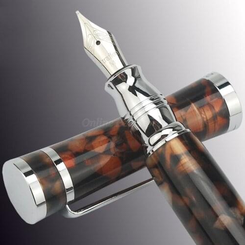 Fuliwen Metal Brown Maple Leaf Celluloid Portable Fine Nib Fountain Pen Professional Stationery Supplies Writing Tool Gift