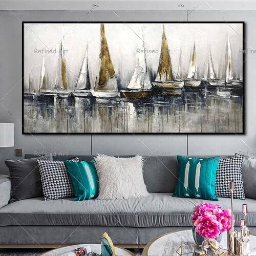 Abstract Black And White Retro Nautical Landscape Oil Painting Handmade Home Living Room Hotel Wall canvass Art Decoration