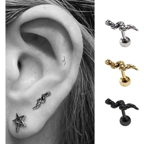 2PCS Snake Ear Studs Earrings Cartilage Brincos Titanium Steel Silver Gold Black Anti-allergic Barbell Punk Jewelry For Women