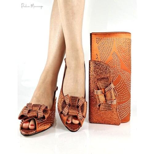 Italian Design 2021 Newest Orange Color Nigerian Special Narrow Band and Cross-tied Decoration Party Ladies Shoes and Bag Set