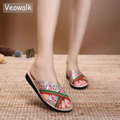 Veowalk Coating Cotton Fabric Embroidered Women Open Toe Flat Slide Slippers Summer Vintage Ladies Comfortable Soft Home Shoes