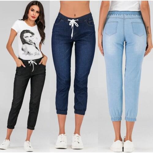 Womens Jeans 2021 Fashion Denim Jogger Pants Ladies Drawstring Elastic Waist Jeans Cropped Trouser Streetwear Comfortable Jeans