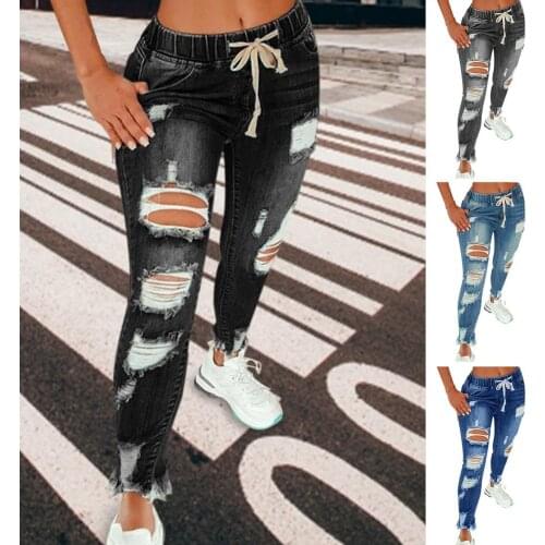 Drawstring Ladies Ripped Jeans High Waist Skinny Stretch Slim Cotton Trousers Full Length Pencil Pants