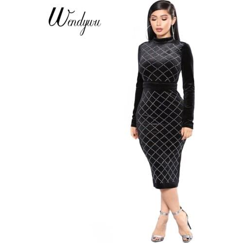 Wendywu 2017 New Free Shipping Winter Sexy Open Back Plaid Diamonds Long Sleeve Black Mid-Calf Pencil Dress
