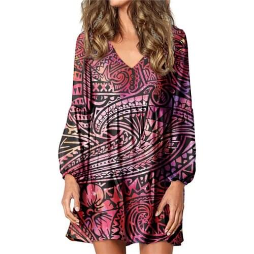 Hycool Polynesia Tribal Stripe Print Women Dark Red Dress Sexy V Neck Lantern Sleeve Knee-Length Dress Summer Casual Loose Dress