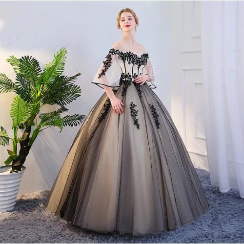 100%real luxury black lace leaf embroidery flare sleeve court medieval dress princess queen cosplay gown/can customs size