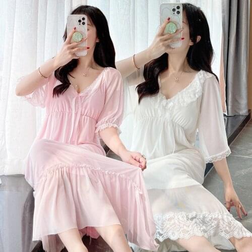 2021 Summer Sweet Princess Short Sleeve Sexy Lace V-neck Nightgowns for Women Long Dress Sleepwear Night Dress Nightdress Nighty