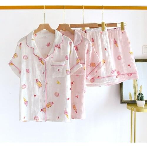 2021 new style short-sleeved shorts pajamas set 100% cotton crepe cloth ladies cute cartoon girl home service sleepwear kawaii