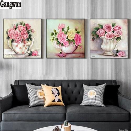 Romantic Pink Rose Flower diamond embroidery 5D DIY full diamond painting square round drill 3d rhinestone pictures mosaic 3 pcs