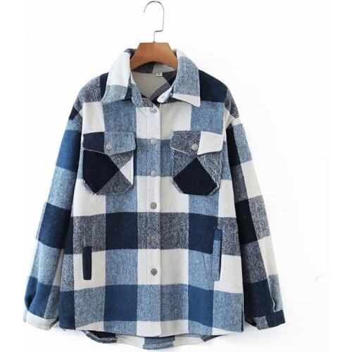 Coson Womens Plaid Shirt Jacket Coat Ladies Pockets Thick Turn Down Collar Plus Size Female Outerwear