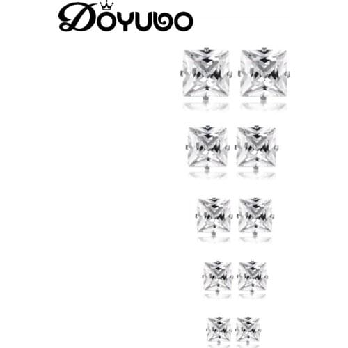 DOYUBO Simple Design Stainless Steel Square Stud Earrings For Women & Men White CZ Earrings Accessories 5 pairs / Per Set DB163