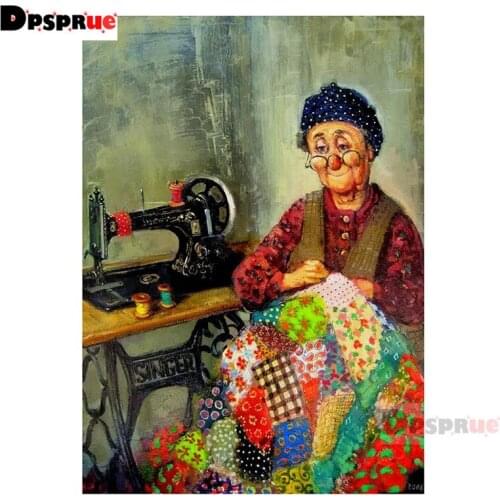 Dpsprue Full Square/Round Diamond Painting Cross Stitch Sewing machine grandmother 3D Embroidery DIY 5D Moasic Home Decor Gift