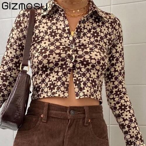 Gizmosy Print Y2K Long Sleeve Crop Top Women Fashion Brown Vintage Summer Spring V Neck Casual Sexy Fashion Basic T Shirts 90S