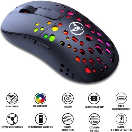 HXSJ T100 Type-C Wired & 2.4G Wireless 10000DPI Programmable RGB Backlit Mouse 6 Adjustable DPI Levels 4 Adjustable Polling Rate