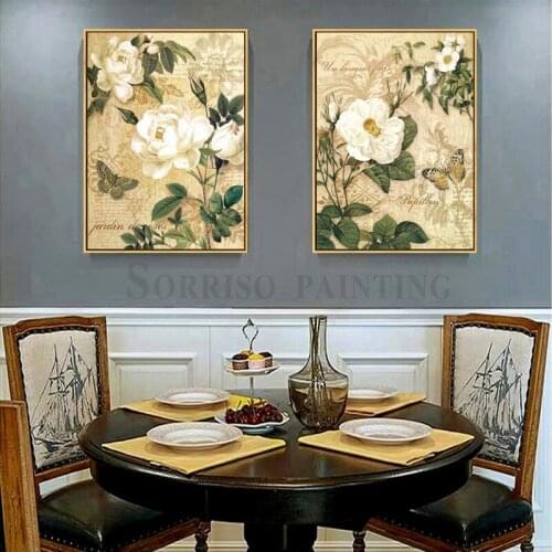 Chinese Rose Flowers 2 Pieces Canvas Painting For Living Room Home Dining Pictures Decor Hallway Wall Art Prints Bedroom Posters