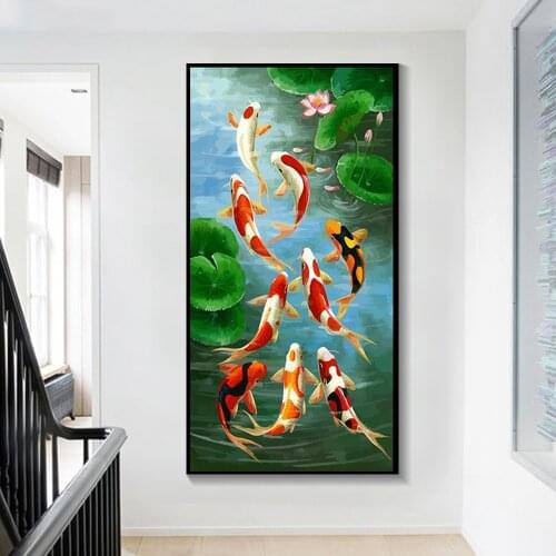 Koi Fish Wall Art Picture HD Prints Canvas Painting Chinese style Nine Red Koi Fish Landscape For Living Room Modern Decoration