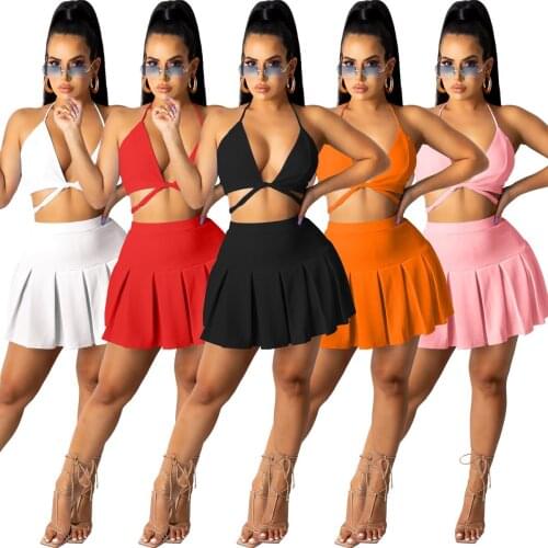 Summer Sexy Two Piece Dress Sets Halter Crop Top and Pleated Mini Skirts Set Bandage 2 Piece Matching Sets Beachwear