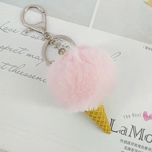 Cute Girls Fluffy Rabbit Fur Pom Pom Ice Cream Keychain On Bag Pompom Key Chain For Women Car Trinket Female Wedding Party Gifts
