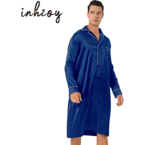 Mens Satin Nightshirt Long Lightweight Kaftan Comfy Big&Tall V Neck Longsleeve Loose Pajama Sleep Shirt Nightwear