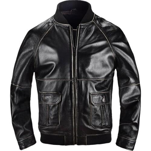 Genuine Leather Jacket Mens Stand-up Collar Top Layer Cowhide Jacket Fashion Youth Cowhide Coat