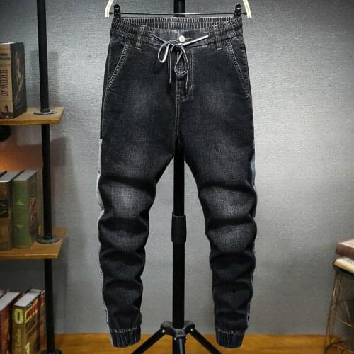 Elastic Waist Drawstring Jeans Men Full Length Beam Leg Solid Color Denim Loose Harem Pants Cowboy Fashion Male