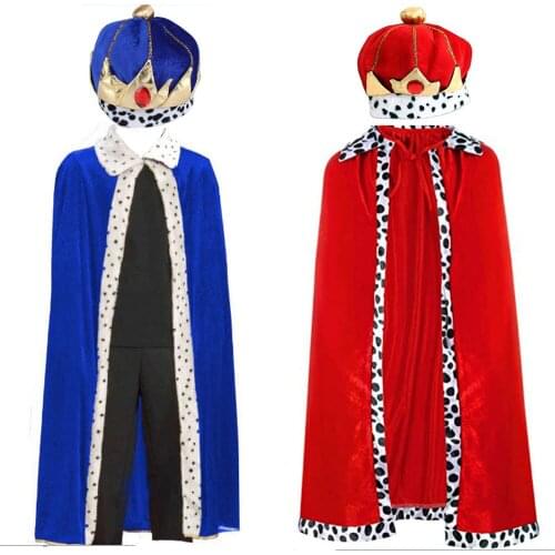 Adult Men Retro Medieval Court King Prince Cosplay Costumes Cloak Crown Hat Halloween Birthday Party Clothing Christmas Red Blue