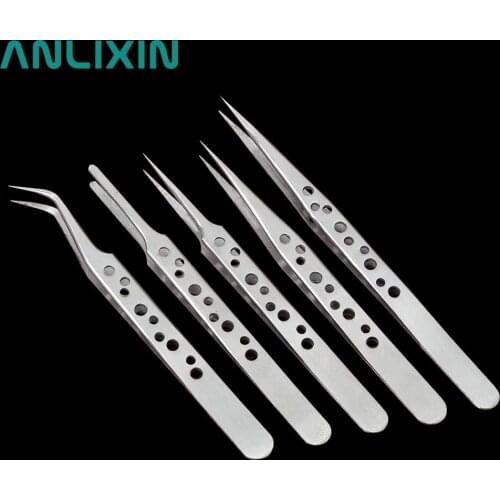 5PCS 9-Hole Polishing Pointed Curved Tip Tweezers ESD-10 ESD-11 ESD-14 ESD-15 Medical Electronic Repair Tool Stainless Steel
