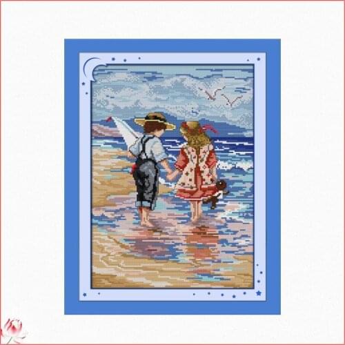 Boys And Girls At The Seaside Scenery Cross Stitch Kits Counted Canvas Embroidery Sets 11CT 14CT DIY Handmade Needlework Crafts