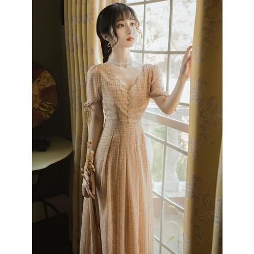 2021 new fashion womens clothing V-Neck Plaid Ankle-Length Vintage dresses for women dress