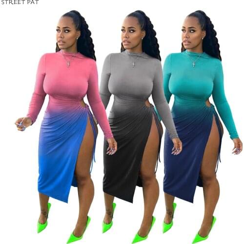 Autumn Dress Women 2020 Sexy Gradient Split Long Sleeve Club Party Bodycon Dress High Waist Robe Femme Vestidos