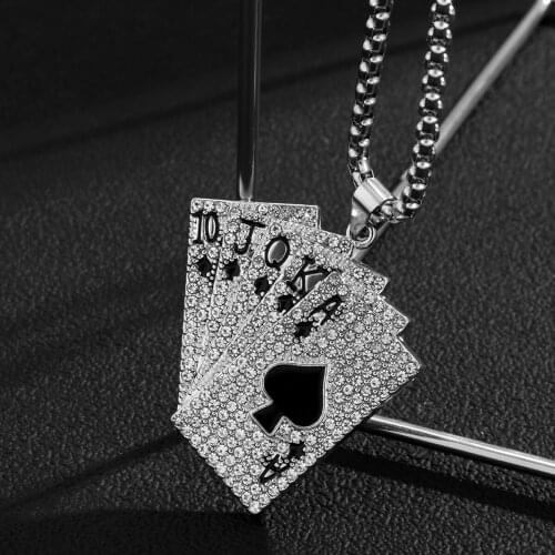 Hiphop Rhinestone Playing Cards Pendant Necklace Men Punk Long Stainless Steel Chains Necklaces Women 2021 Fashion Lucky Jewelry
