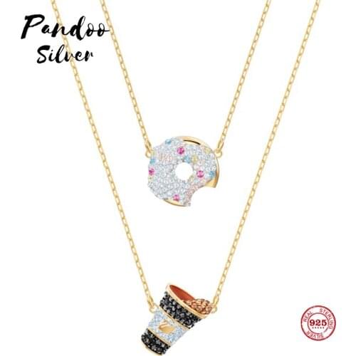 PANDOO Fashion Charm Pure 925 Silver Original 1:1 Copy, Donut Coffee Pattern Fun Full Necklace Female Luxury Jewelry Gifts