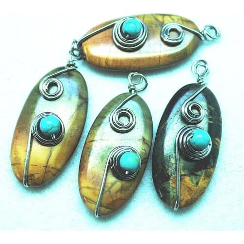 3pcs nature gem stone pendants with blue stone metal wire round 42x20mm top quality free shipping best wholesale price for women