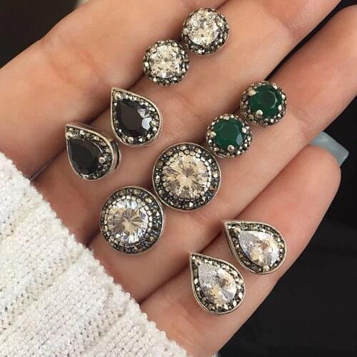5 Pairs/Set Water Drop Green White Crystal Stud Earrings for Women Boho Cubic Zirconia Ear Jewelry Dazzling Party Gifts 2020