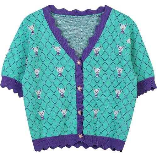 Cartoon Embroidered V-Neck Thin Green Knit Cardigan Button T-Shirt 2021 Summer New Women Short Sleeve Top Clothing