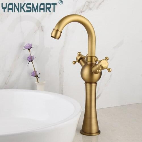 YANKSMART Tall Antique Brass Bathroom Faucet Washbasin Deck Mounted Dual Handles Faucet Basin Sink Hot And Cold Mixer Water Tap