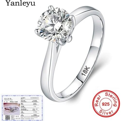 Yanleyu With Certificate 18K Stamp White Gold Ring 2 Carat Solitaire Round Diamond Wedding Engagement Rings for Women PR416