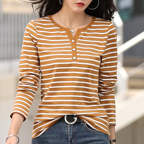 Button Striped V Neck Women T Shirt Long Sleeve Tees Cotton Woman Tshirts Korean Fashion Tops Plus Size Tee Shirt Femme Autumn