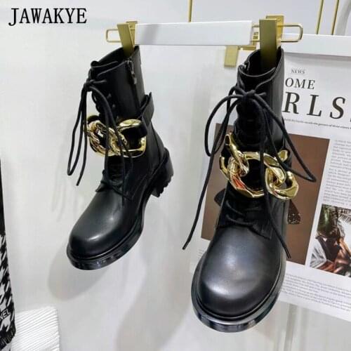Gold Chain Black Women Boots Genuine Leather Round Toe Ankle Short Thick Sole Platform Women Shoes Street Lace Up Martin Boots