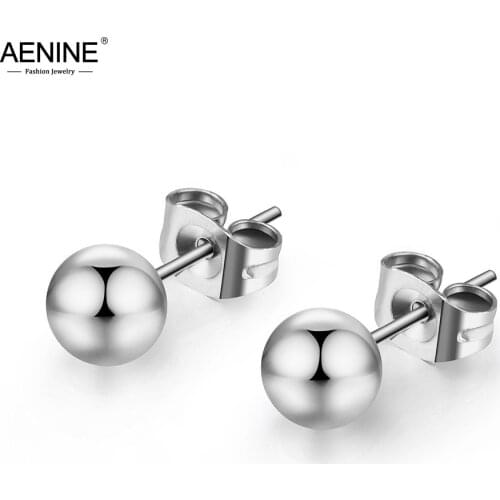 AENINE Rose Gold Color Stainless Steel Stud Earrings Sweet Cute 6mm/8mm/10mm Round Beads Earrings Jewelry For Women AE18115