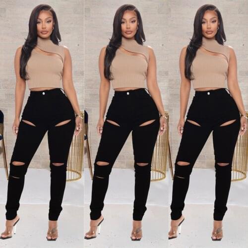 FNOCE 2021 new spring womens ripped jeans pants fashion trends streetwear black high waist tight stretch hole slim pencil pants