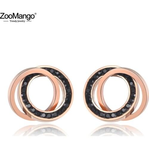 ZooMango Trendy Stainless Steel Crystal Double Circles Stud Earrings Jewelry Vintage Rhinestone Earrings For Women Girls ZE19091