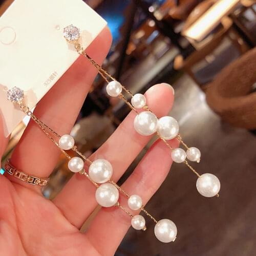 2021 Trend Korean Big Small Pearl Tassel Long Drop Earrings For Women Jewelry Temperament Elegant Fashion Statement Brincos