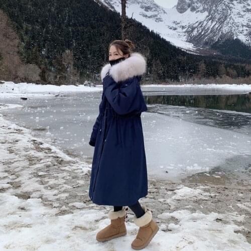 New Winter Women Large Hooded Faux Fur Collar Long Down Coat 90% White Duck Down Jackets Parkas Vintage Loose Thick Warm Outwear