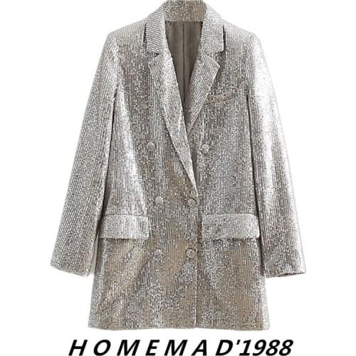 SuperAen Spring New Style Solid Sequin Embroidery Notched Double Breasted Full Jacket Women Blazers
